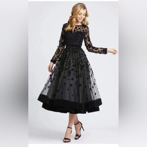 Mac Duggal Embelished Illusion 3D Floral Mesh/Velvet Black Dress